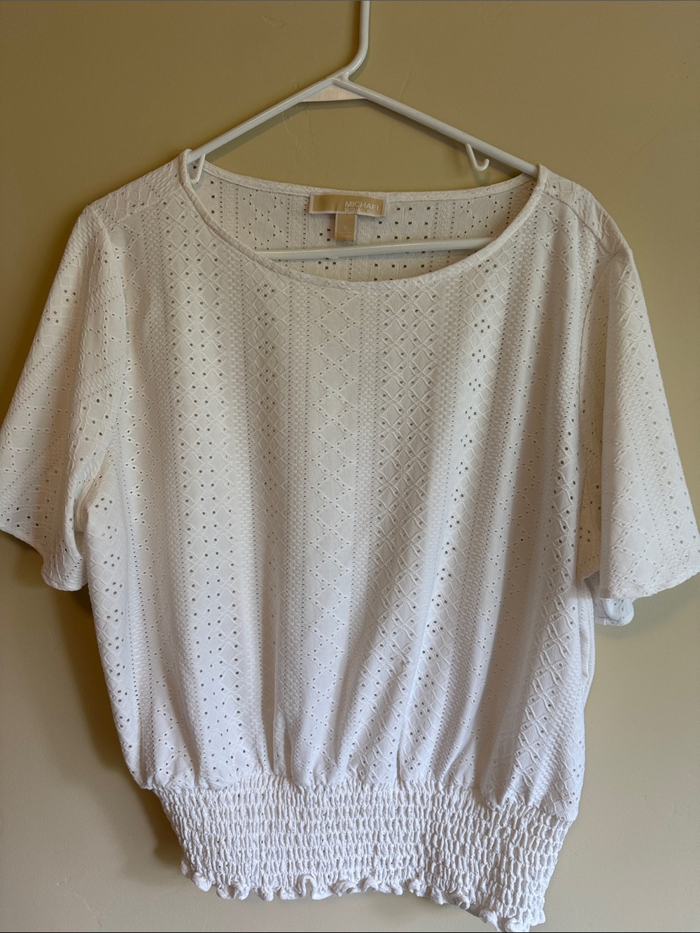 MICHAEL Michael Kors White Eyelet Short Sleeve Smocked Waist Top